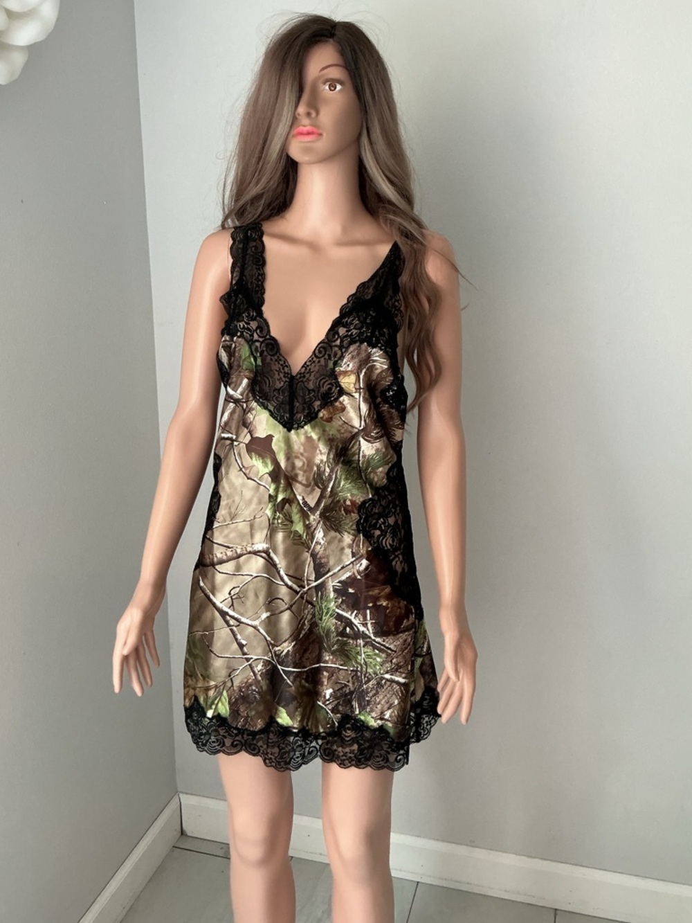 Realtree Camo Satin Chemise with Black Lace Trim